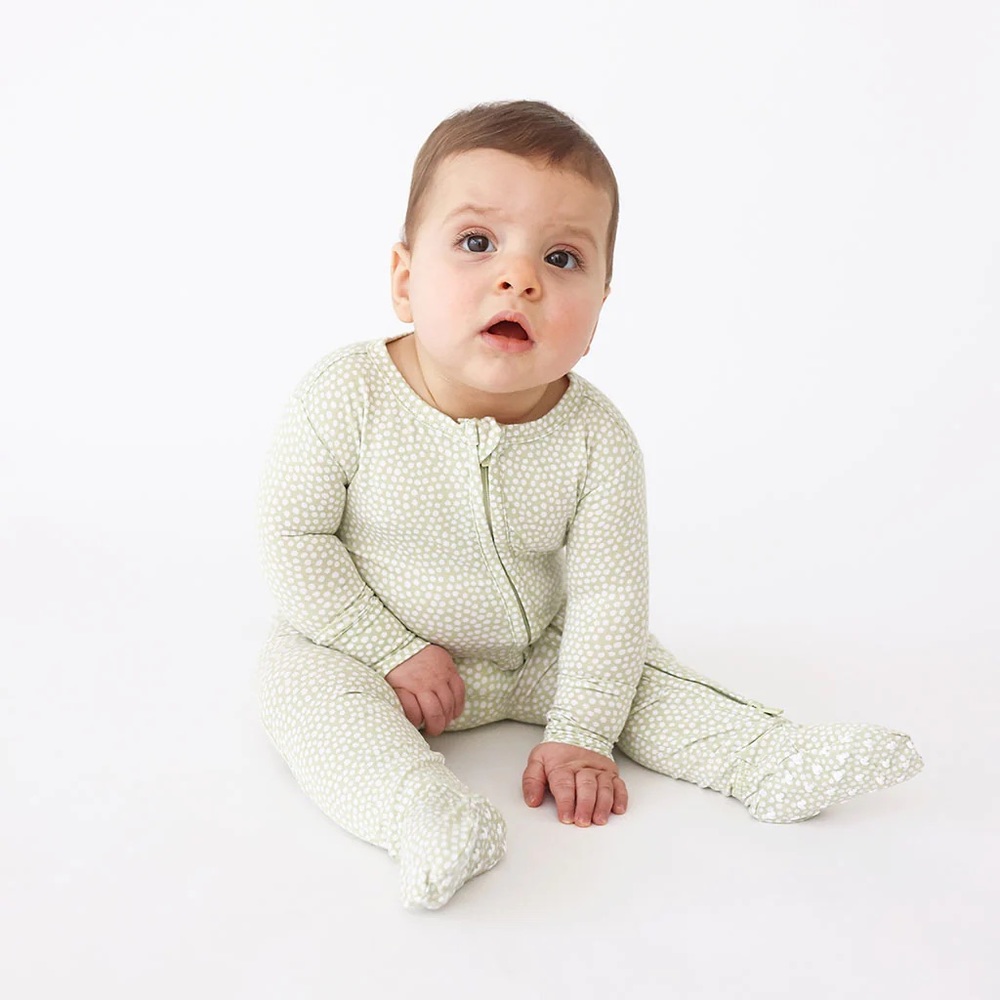 PARZ Posh Peanut Sage Polka Dot Footie Zippered One Piece